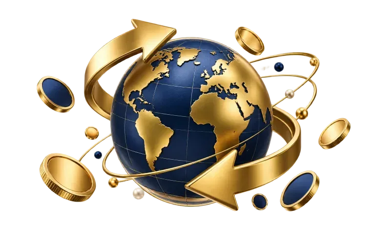 Gold and navy globe representing international currency transfers